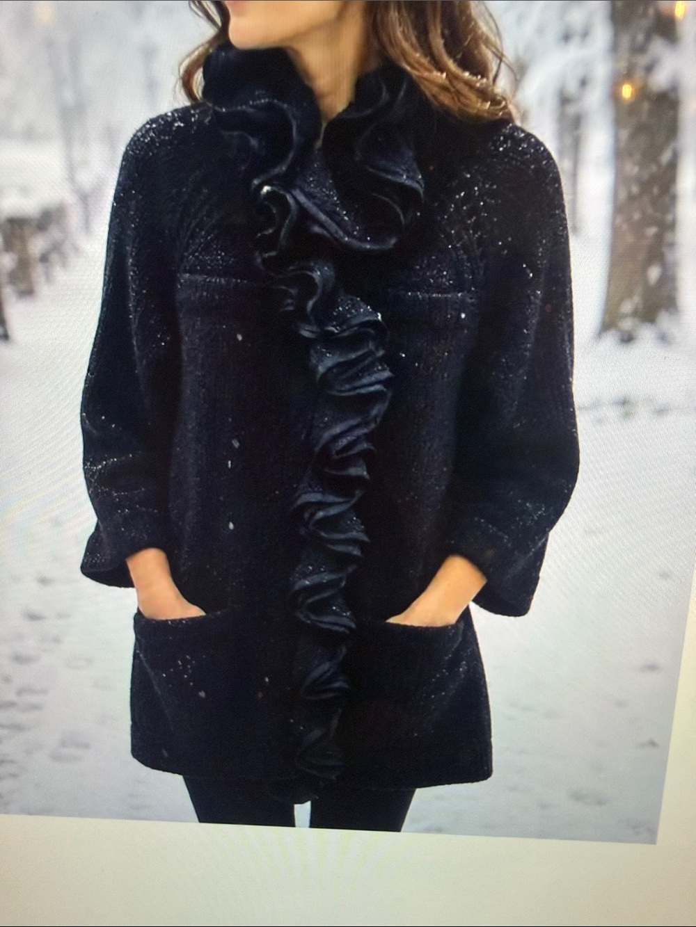 Nanette Lepore Black Ruffle-Front Knit cardigan Jacket